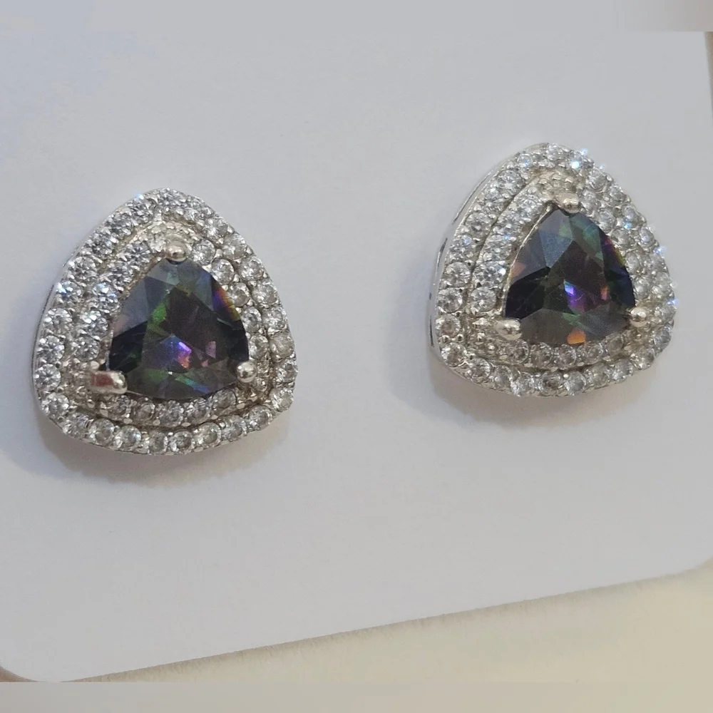 Sterling Silver Mystic Topaz Triangle Cut Stud Earrings 925